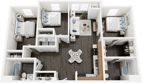 Floor plan for 3 beds, 2 baths, 986 sqft